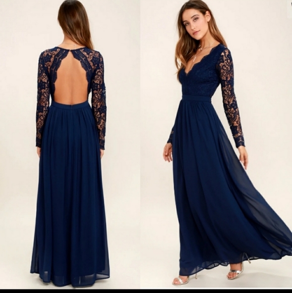 Lulus | Dresses | Lulus Awaken My Love Navy Blue Long Sleeve Lace Maxi